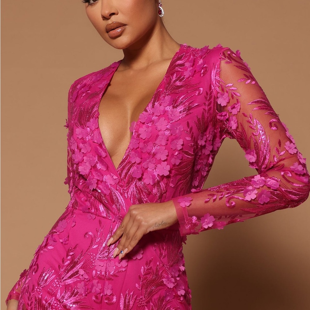 Fashion Nova Fuchsia Floral Lace Jumpsuit (NOVALUXE)